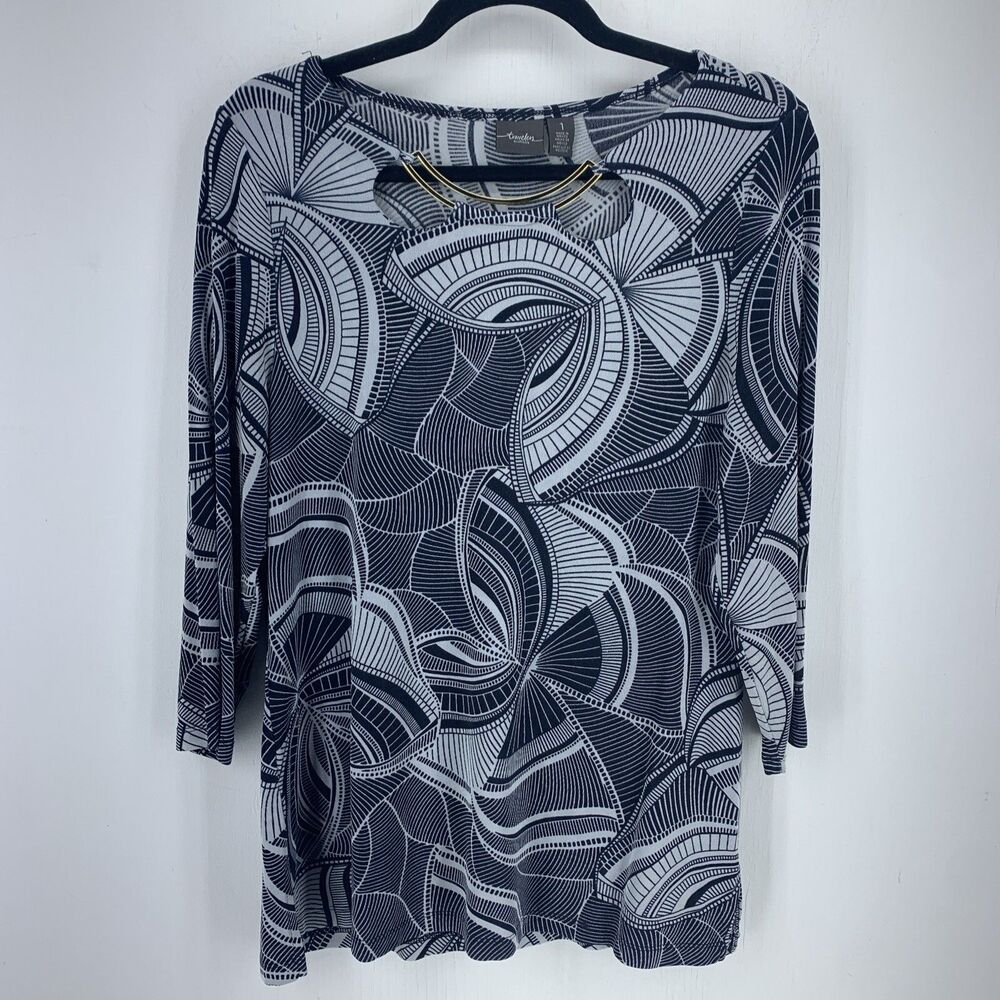 Chicos Travelers Womens Medium‎ Tunic Top Slinky Stretch Artsy Vacation Bling